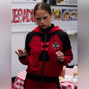 Hot Topic Red and Black Deadpool Zip-Up Hoodie